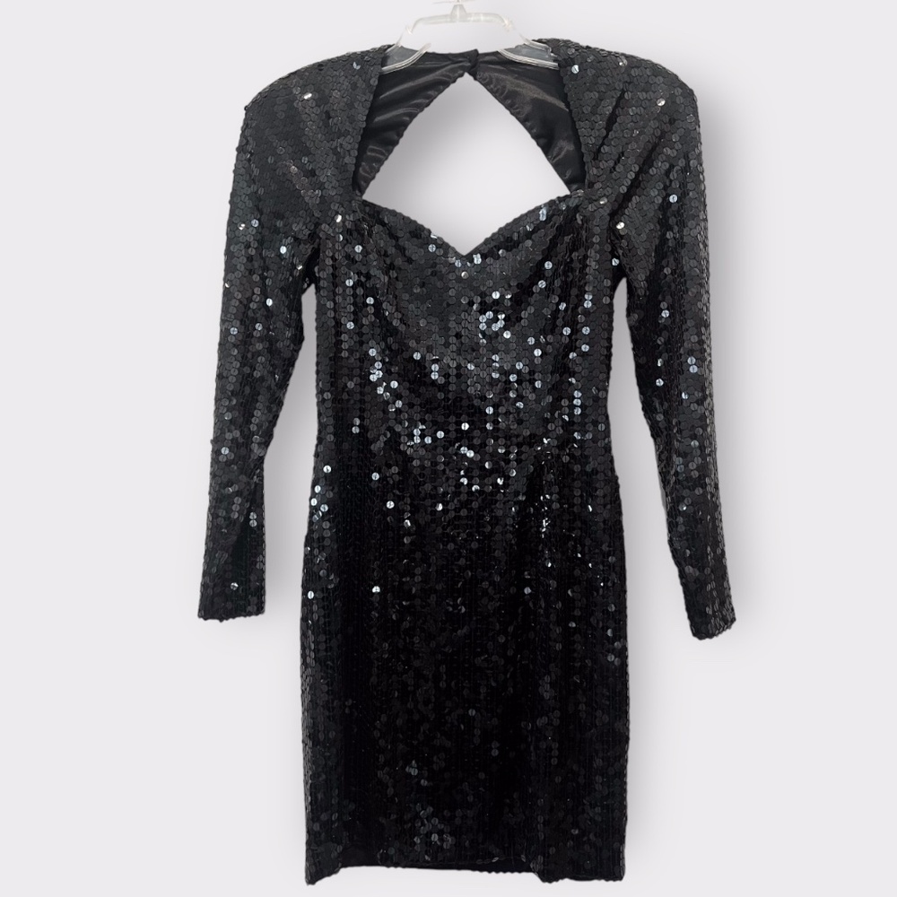 Vintage 1980's Night Line Black Sequined Long Sleeved Cocktail Dress Sz 8